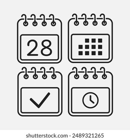 Set Vektor-Icons Seite Kalender - Tag 28, Markierung fertig, Agenda-App, Timer. Markieren Sie Geschäft, Termin, Datum-Symbol. Piktogramm ja, Erfolg, Prüfung, Genehmigung, Bestätigung und Erinnerung. Uhrzeit, Countdown und Erinnerung