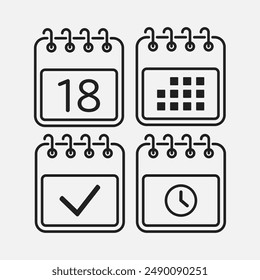 Set vector icons page calendar - day 18, mark done, agenda app, timer. Mark business, deadline, date icon. Pictogram yes, success, check, approved, confirm and reminder. Time, countdown and reminder
