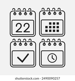 Set vector icons page calendar - day 22, mark done, agenda app, timer. Mark business, deadline, date icon. Pictogram yes, success, check, approved, confirm and reminder. Time, countdown and reminder