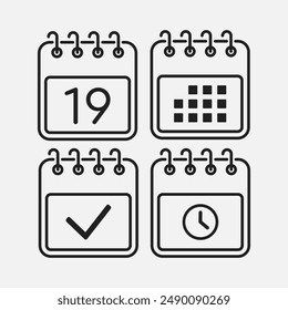 Set vector icons page calendar - day 19, mark done, agenda app, timer. Mark business, deadline, date icon. Pictogram yes, success, check, approved, confirm and reminder. Time, countdown and reminder