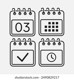 Establecer el calendario de la página de iconos vectoriales - día 3, marca hecha, App de agenda, temporizador. Marcar negocio, fecha límite, icono de fecha. Pictograma sí, éxito, comprobar, aprobado, confirmar y recordatorio. Hora, cuenta atrás y recordatorio