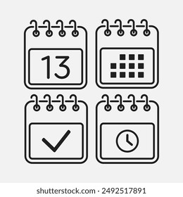 Set vector icons page calendar - day 13, mark done, agenda app, timer. Mark business, deadline, date icon. Pictogram yes, success, check, approved, confirm and reminder. Time, countdown and reminder
