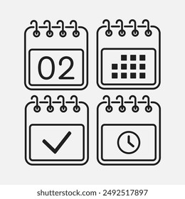 Establecer el calendario de la página de iconos vectoriales - día 2, marca hecha, App de agenda, temporizador. Marcar negocio, fecha límite, icono de fecha. Pictograma sí, éxito, comprobar, aprobado, confirmar y recordatorio. Hora, cuenta atrás y recordatorio