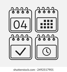 Set vector icons page calendar - day 4, mark done, agenda app, timer. Mark business, deadline, date icon. Pictogram yes, success, check, approved, confirm and reminder. Time, countdown and reminder