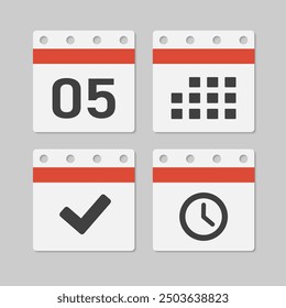 Set vector icons page calendar - day 5, mark done, agenda app, timer. Mark business, deadline, date icon. Pictogram yes, success, check, approved, confirm and reminder. Time, countdown and reminder