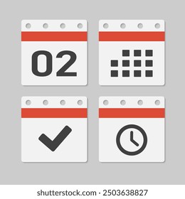 Set vector icons page calendar - day 2, mark done, agenda app, timer. Mark business, deadline, date icon. Pictogram yes, success, check, approved, confirm and reminder. Time, countdown and reminder