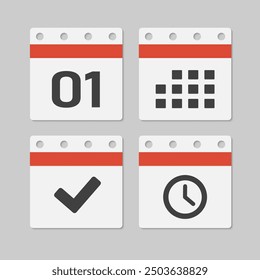 Set vector icons page calendar - day 1, mark done, agenda app, timer. Mark business, deadline, date icon. Pictogram yes, success, check, approved, confirm and reminder. Time, countdown and reminder