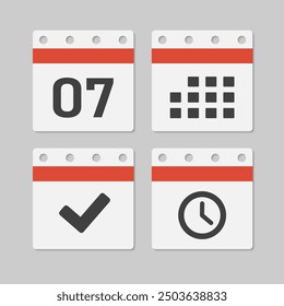 Set vector icons page calendar - day 7, mark done, agenda app, timer. Mark business, deadline, date icon. Pictogram yes, success, check, approved, confirm and reminder. Time, countdown and reminder