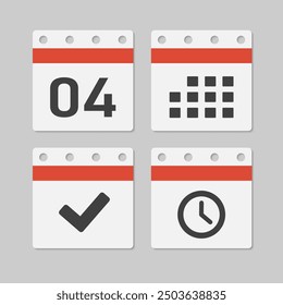 Set vector icons page calendar - day 4, mark done, agenda app, timer. Mark business, deadline, date icon. Pictogram yes, success, check, approved, confirm and reminder. Time, countdown and reminder