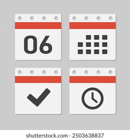 Set vector icons page calendar - day 6, mark done, agenda app, timer. Mark business, deadline, date icon. Pictogram yes, success, check, approved, confirm and reminder. Time, countdown and reminder