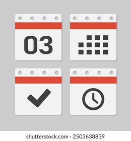 Set vector icons page calendar - day 3, mark done, agenda app, timer. Mark business, deadline, date icon. Pictogram yes, success, check, approved, confirm and reminder. Time, countdown and reminder