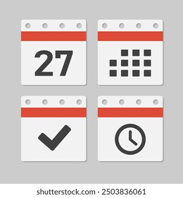 Set vector icons page calendar - day 27, mark done, agenda app, timer. Mark business, deadline, date icon. Pictogram yes, success, check, approved, confirm and reminder. Time, countdown and reminder