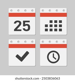 Set vector icons page calendar - day 25, mark done, agenda app, timer. Mark business, deadline, date icon. Pictogram yes, success, check, approved, confirm and reminder. Time, countdown and reminder