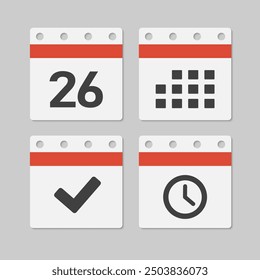 Set vector icons page calendar - day 26, mark done, agenda app, timer. Mark business, deadline, date icon. Pictogram yes, success, check, approved, confirm and reminder. Time, countdown and reminder