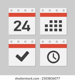 Set vector icons page calendar - day 24, mark done, agenda app, timer. Mark business, deadline, date icon. Pictogram yes, success, check, approved, confirm and reminder. Time, countdown and reminder