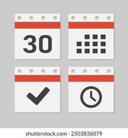 Set vector icons page calendar - day 30, mark done, agenda app, timer. Mark business, deadline, date icon. Pictogram yes, success, check, approved, confirm and reminder. Time, countdown and reminder