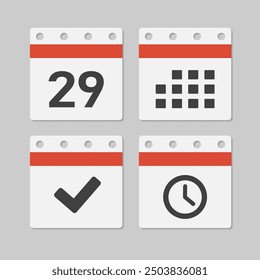 Set vector icons page calendar - day 29, mark done, agenda app, timer. Mark business, deadline, date icon. Pictogram yes, success, check, approved, confirm and reminder. Time, countdown and reminder