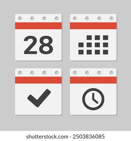 Set vector icons page calendar - day 28, mark done, agenda app, timer. Mark business, deadline, date icon. Pictogram yes, success, check, approved, confirm and reminder. Time, countdown and reminder