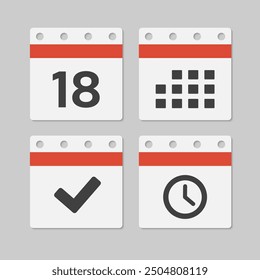 Set vector icons page calendar - day 18, mark done, agenda app, timer. Mark business, deadline, date icon. Pictogram yes, success, check, approved, confirm and reminder. Time, countdown and reminder