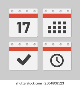 Set vector icons page calendar - day 17, mark done, agenda app, timer. Mark business, deadline, date icon. Pictogram yes, success, check, approved, confirm and reminder. Time, countdown and reminder