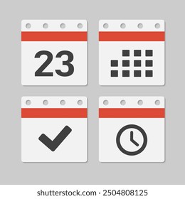 Set vector icons page calendar - day 23, mark done, agenda app, timer. Mark business, deadline, date icon. Pictogram yes, success, check, approved, confirm and reminder. Time, countdown and reminder