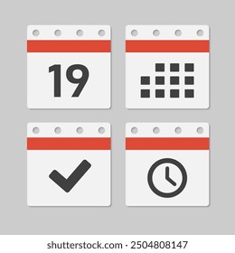 Set vector icons page calendar - day 19, mark done, agenda app, timer. Mark business, deadline, date icon. Pictogram yes, success, check, approved, confirm and reminder. Time, countdown and reminder