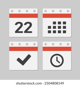 Set vector icons page calendar - day 22, mark done, agenda app, timer. Mark business, deadline, date icon. Pictogram yes, success, check, approved, confirm and reminder. Time, countdown and reminder