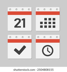 Set vector icons page calendar - day 21, mark done, agenda app, timer. Mark business, deadline, date icon. Pictogram yes, success, check, approved, confirm and reminder. Time, countdown and reminder