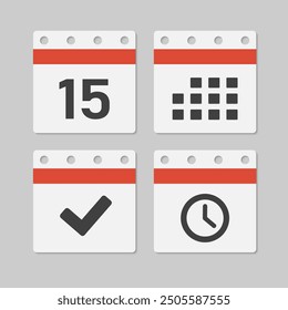 Set vector icons page calendar - day 15, mark done, agenda app, timer. Mark business, deadline, date icon. Pictogram yes, success, check, approved, confirm and reminder. Time, countdown and reminder