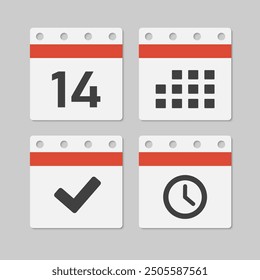 Set vector icons page calendar - day 14, mark done, agenda app, timer. Mark business, deadline, date icon. Pictogram yes, success, check, approved, confirm and reminder. Time, countdown and reminder