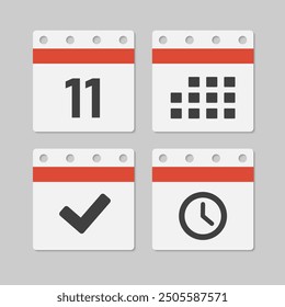 Set vector icons page calendar - day 11, mark done, agenda app, timer. Mark business, deadline, date icon. Pictogram yes, success, check, approved, confirm and reminder. Time, countdown and reminder