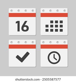 Set vector icons page calendar - day 16, mark done, agenda app, timer. Mark business, deadline, date icon. Pictogram yes, success, check, approved, confirm and reminder. Time, countdown and reminder