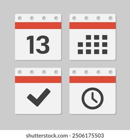 Set vector icons page calendar - day 13, mark done, agenda app, timer. Mark business, deadline, date icon. Pictogram yes, success, check, approved, confirm and reminder. Time, countdown and reminder