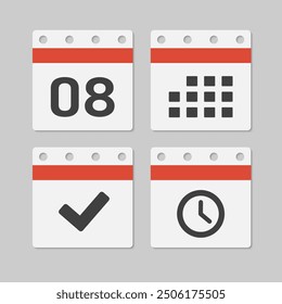 Set vector icons page calendar - day 8, mark done, agenda app, timer. Mark business, deadline, date icon. Pictogram yes, success, check, approved, confirm and reminder. Time, countdown and reminder