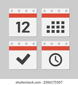 Set vector icons page calendar - day 12, mark done, agenda app, timer. Mark business, deadline, date icon. Pictogram yes, success, check, approved, confirm and reminder. Time, countdown and reminder