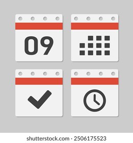 Set vector icons page calendar - day 9, mark done, agenda app, timer. Mark business, deadline, date icon. Pictogram yes, success, check, approved, confirm and reminder. Time, countdown and reminder