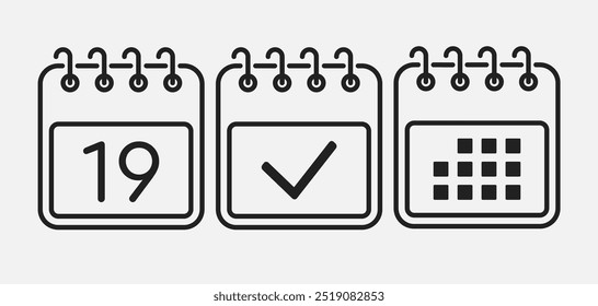 Set vector icons page calendar - day 19, mark done, agenda app. Mark business, deadline, date icon. Pictogram yes, success, check, approved, confirm and reminder. Date schedule, to-do list