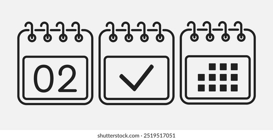 Set vector icons page calendar - day 2, mark done, agenda app. Mark business, deadline, date icon. Pictogram yes, success, check, approved, confirm and reminder. Date schedule, to-do list