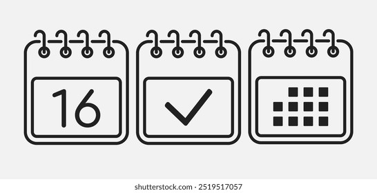 Definir calendário de página de ícones vetoriais - dia 16, marca concluída, aplicativo agenda. Marcar negócio, prazo, ícone de data. Pictograma sim, êxito, verificação, aprovado, confirmação e aviso. Agenda de datas, lista de tarefas