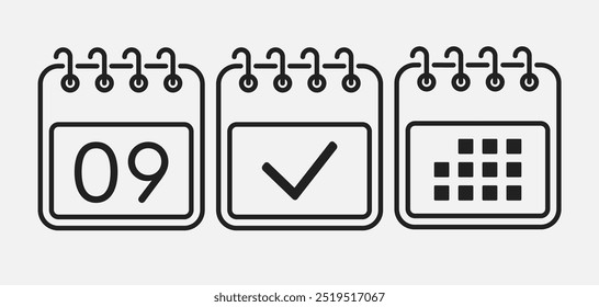 Set vector icons page calendar - day 9, mark done, agenda app. Mark business, deadline, date icon. Pictogram yes, success, check, approved, confirm and reminder. Date schedule, to-do list