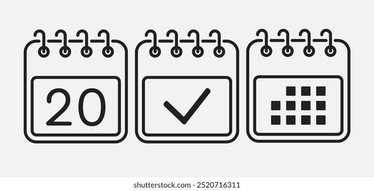 Set vector icons page calendar - day 20, mark done, agenda app. Mark business, deadline, date icon. Pictogram yes, success, check, approved, confirm and reminder. Date schedule, to-do list