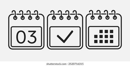 Establecer el calendario de la página de iconos vectoriales - día 3, marcar hecho, App de la agenda. Marcar negocio, fecha límite, icono de fecha. Pictograma sí, éxito, comprobación, aprobación, confirmación y recordatorio. Calendario de fechas, lista de tareas pendientes