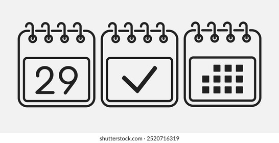 Set vector icons page calendar - day 29, mark done, agenda app. Mark business, deadline, date icon. Pictogram yes, success, check, approved, confirm and reminder. Date schedule, to-do list