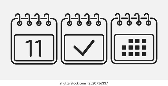 Set vector icons page calendar - day 11, mark done, agenda app. Mark business, deadline, date icon. Pictogram yes, success, check, approved, confirm and reminder. Date schedule, to-do list