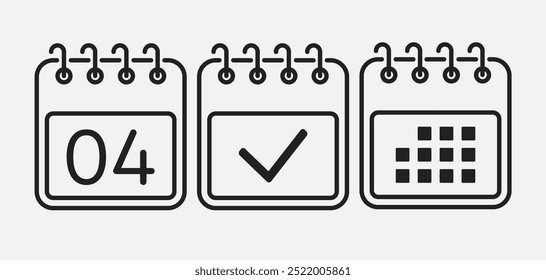 Set vector icons page calendar - day 4, mark done, agenda app. Mark business, deadline, date icon. Pictogram yes, success, check, approved, confirm and reminder. Date schedule, to-do list