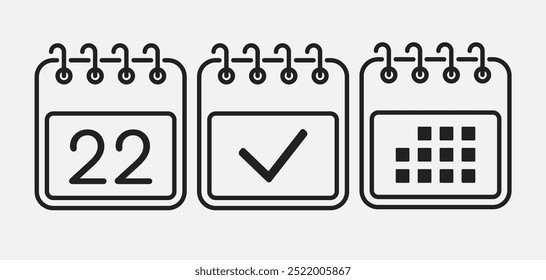 Set vector icons page calendar - day 22, mark done, agenda app. Mark business, deadline, date icon. Pictogram yes, success, check, approved, confirm and reminder. Date schedule, to-do list