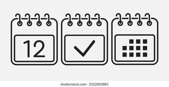 Set vector icons page calendar - day 12, mark done, agenda app. Mark business, deadline, date icon. Pictogram yes, success, check, approved, confirm and reminder. Date schedule, to-do list