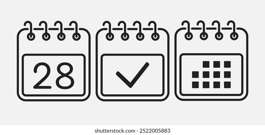 Establecer el calendario de la página de iconos vectoriales - día 28, marcar hecho, App de la agenda. Marcar negocio, fecha límite, icono de fecha. Pictograma sí, éxito, comprobación, aprobación, confirmación y recordatorio. Calendario de fechas, lista de tareas pendientes