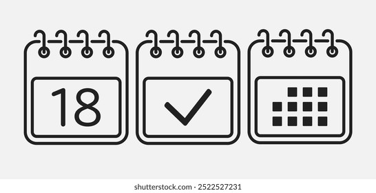 Set vector icons page calendar - day 18, mark done, agenda app. Mark business, deadline, date icon. Pictogram yes, success, check, approved, confirm and reminder. Date schedule, to-do list