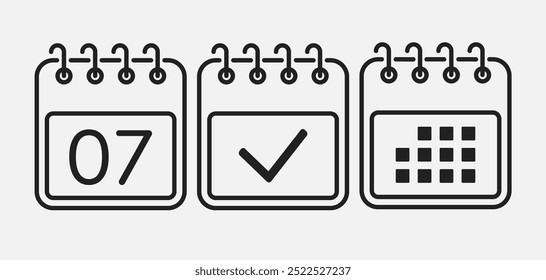 Set vector icons page calendar - day 7, mark done, agenda app. Mark business, deadline, date icon. Pictogram yes, success, check, approved, confirm and reminder. Date schedule, to-do list